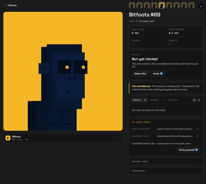 An NFT listing page for "Bitfoots #69" with a pixel art gorilla on a yellow background, showing a status of "Not yet minted" and last sale of 0 ZEC.