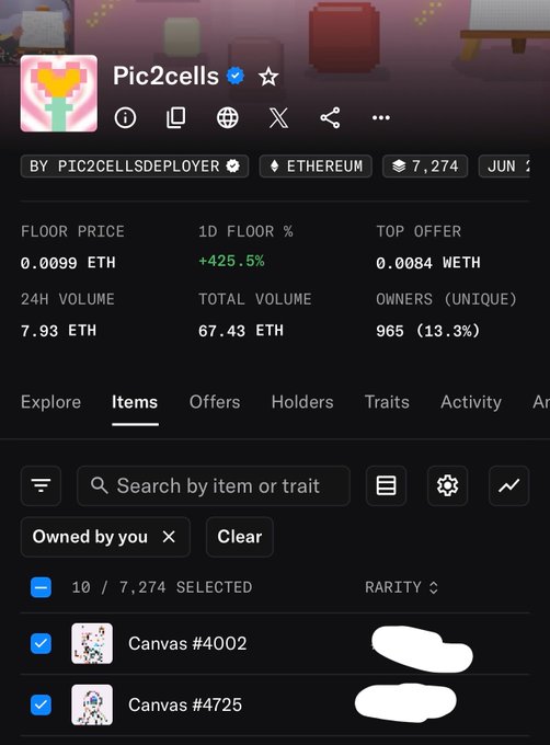 Screenshot of the "Pic2cells" NFT collection page on OpenSea showing a floor price of 0.0099 ETH (+425.5%) with 7,274 items and 7.93 ETH in 24-hour volume, while the user has filtered their owned items and selected 10 NFTs ready to be bulk sold via sweep offers.