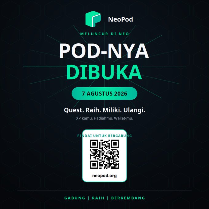 A promotional poster for NeoPod announcing 'POD-NYA DIBUKA' on 7 Agustus 2026, with a QR code linking to neopod.org and text reading 'Quest. Raih. Miliki. Ulangi.' along with 'GABUNG | RAIH | BERKEMBANG'.