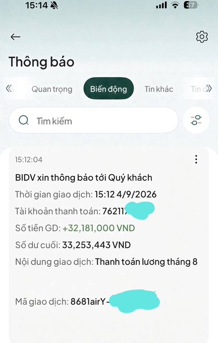 A Vietnamese banking notification from BIDV showing a transaction of +32,181,000 VND credited to an account, with a closing balance of 33,253,443 VND, labeled as August salary payment.