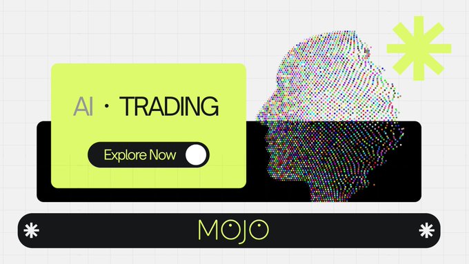A promotional banner for 'MOJO' featuring 'AI TRADING' and an 'Explore Now' button next to a pixelated profile of a person wearing a beanie.