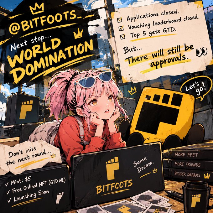 An anime-style promotional graphic for '@BITFOOTS' announcing the next stop is 'WORLD DOMINATION' and noting that applications and the vouching leaderboard are closed.