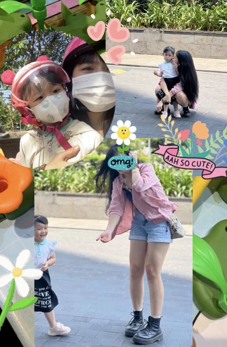 The image is a collage of three photos taken outdoors featuring two young girls, decorated with flower graphics, pink hearts, and playful text overlays reading 'Omg!' and 'AAH SO CUTE!'. The bottom photo shows a girl in a pink shirt and denim shorts holding hands with a smiling toddler.