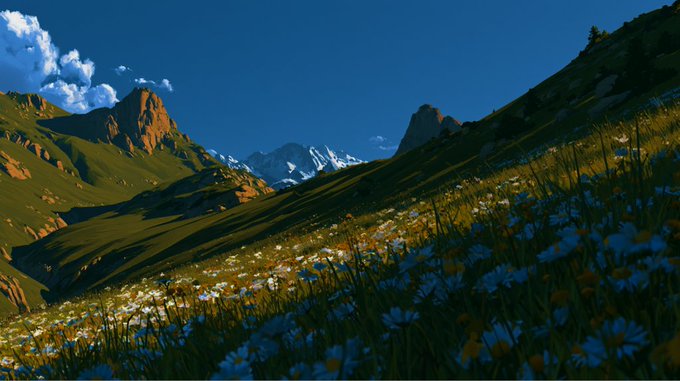 A scenic mountain landscape with rolling green hills covered in white wildflowers, snow-capped peaks in the background, and a bright blue sky with scattered clouds.