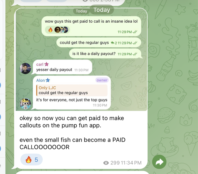 A Telegram chat screenshot showing a group discussion about "get paid to call" on Pump Fun, with user "Alon" (owner) clarifying in a pinned message that "Only LJC could get the regular guys" and "it's for everyone, not just the top guys." The accompanying post emphasizes that callout payments on the Pump Fun app are available to everyone, including small accounts, not just verified users.