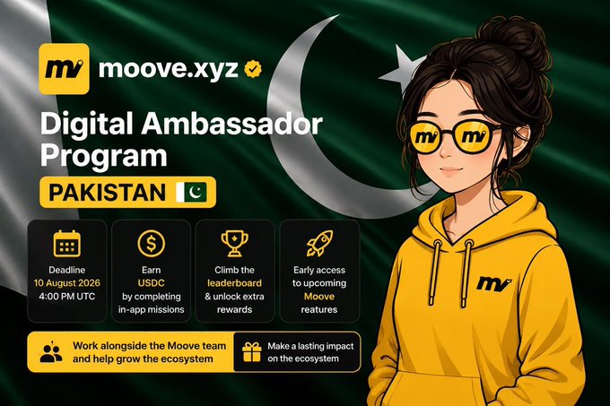 Promotional graphic for the moove.xyz Digital Ambassador Program in Pakistan, featuring a deadline of 10 August 2026 at 4:00 PM UTC, USDC earnings, and early access features, displayed against a Pakistani flag background with an illustrated character in yellow.