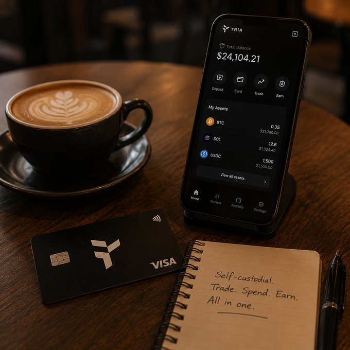 A smartphone on a wooden table displays a crypto trading app called 'TRIA' showing a total balance of $24,104.21 with assets including BTC, SOL, and USDC, next to a Visa card and a notebook reading 'Self-custodial. Trade. Spend. Earn. All in one.'