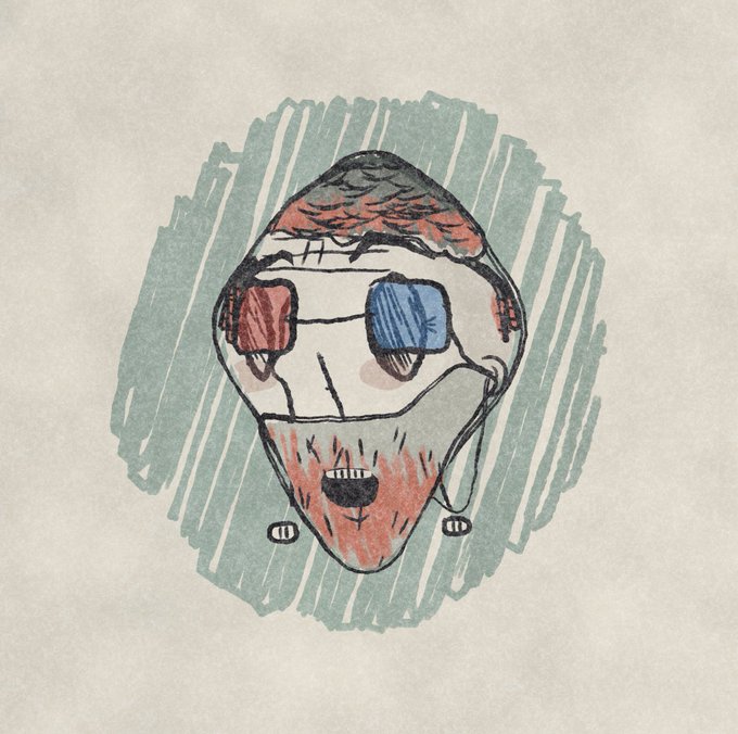 A hand-drawn, stylized illustration of a man's head and face featuring a beard, a red beanie, and 3D glasses with one red and one blue lens, set against a background of sketchy green lines.