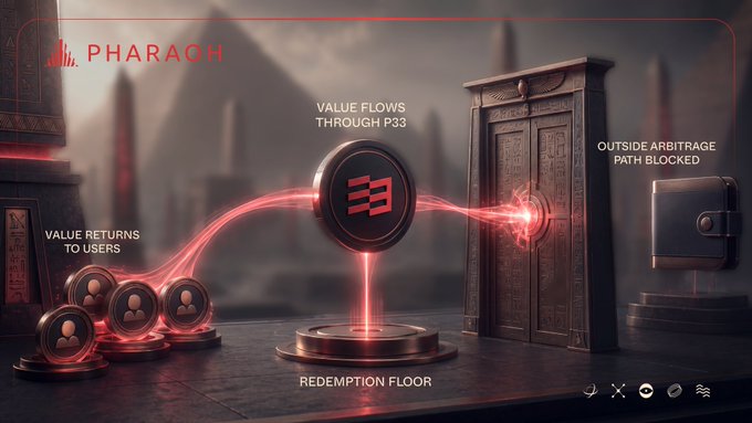 A dark, stylized graphic labeled 'PHARAOH' depicts value flowing through a central P33 mechanism on a 'Redemption Floor,' with 'Value returns to users' on the left and 'Outside arbitrage path blocked' on the right.