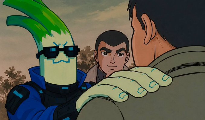 A green leek character in sunglasses places a hand on the shoulder of a man in a military uniform, while a serious-looking young man stands behind them, evoking the grassroots, community-driven energy referenced in the post about $KAS holders promoting the coin to institutions.