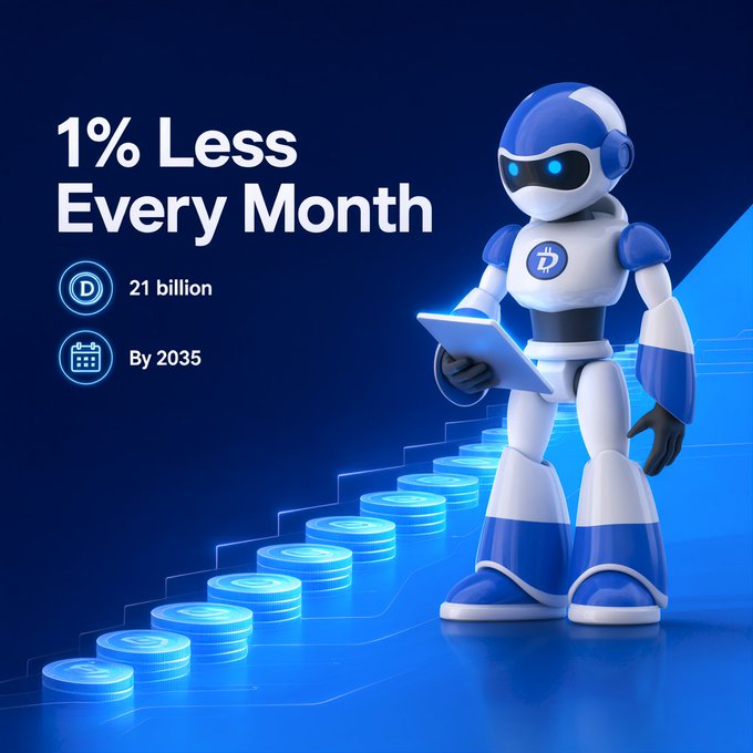 A blue promotional graphic for a cryptocurrency token featuring a blue and white robot character holding a tablet, with text reading '1% Less Every Month', '21 billion', and 'By 2035', alongside stacks of glowing coins.