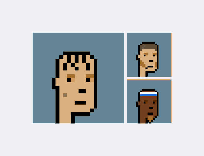 Three pixel art character portraits displayed on a blue background within a gray frame.