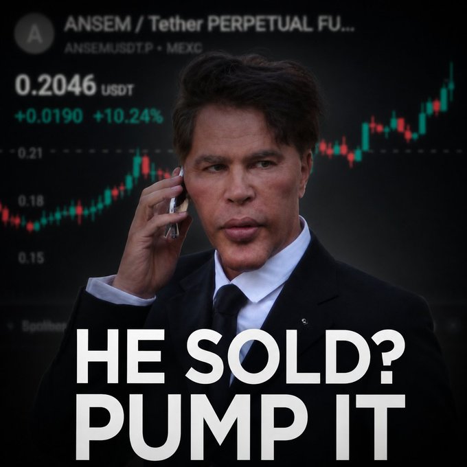 A man in a suit is on the phone, superimposed in front of a candlestick chart for ANSEM/Tether Perpetual Futures (ANSEMUSDT.P on MEXC) showing the price at 0.2046 USDT, up 10.24% with a +0.0190 gain. The meme-style image is captioned "HE SOLD? PUMP IT," playing on the crypto community's reaction to a sell-off rumor, urging followers to keep the ANSEM token's price rising despite the news.