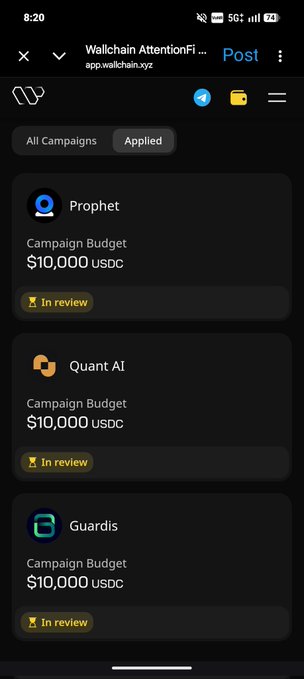 The image shows a phone screen with an app called "Wallchain Attention" displayed, which appears to be related to Web3 or cryptocurrency. The app has three tabs open, each displaying different campaigns for users to apply. One of these campaigns is specifically about applying for Web3 campaigns on @Wallchain. The post also mentions that the application process takes around 10 minutes to get approved and provides a review status.
