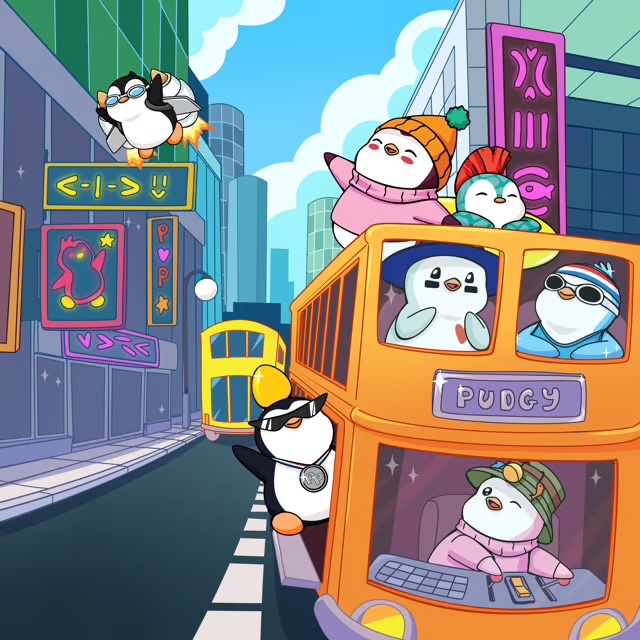 An illustration of various anthropomorphic pudgy penguins riding a double-decker bus labeled 'PUDGY' through a colorful city street with neon signs.