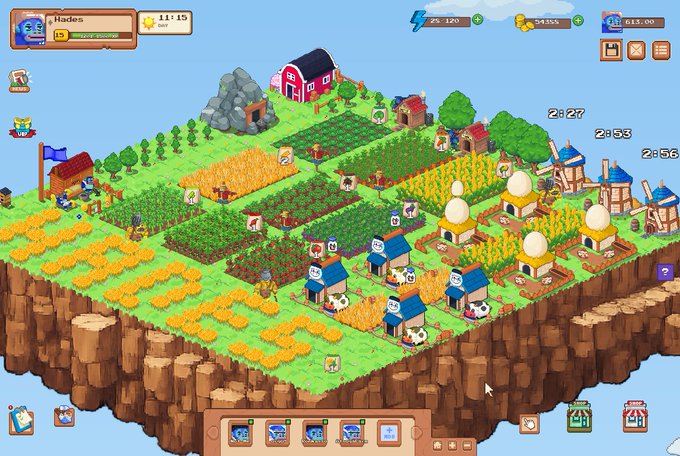 A screenshot of a pixel-art farming and city-building game on a floating island, featuring crops, houses, and various resource counters at the top.