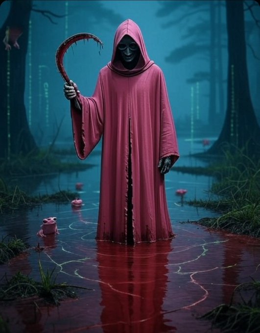 A hooded figure in a tattered pink robe holds a curved, blood-stained blade while standing in a swampy forest under a blue twilight.