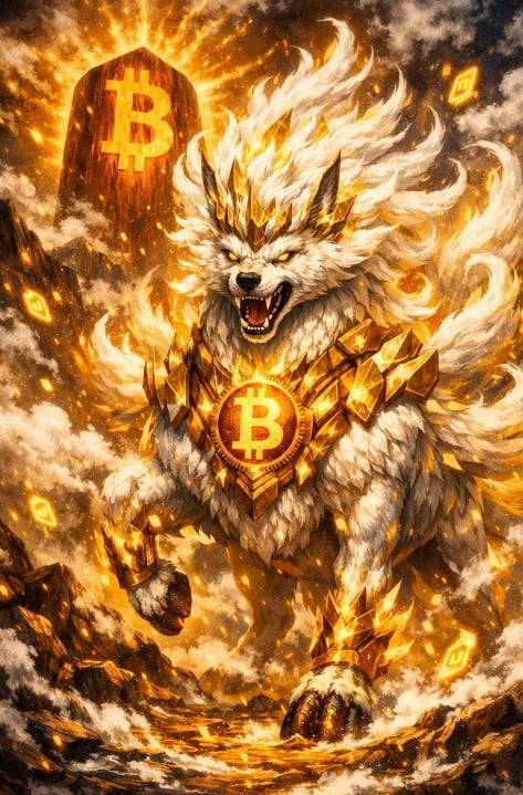 The image features a white wolf with a golden crown, which has been rendered in shades of yellow and orange. The wolf appears to be running or galloping through a field, surrounded by mountains that are also painted in gold and orange colors. In the background, there is an object resembling a Bitcoin symbol, suggesting a connection between the wolf's appearance and the concept of Bitcoin.