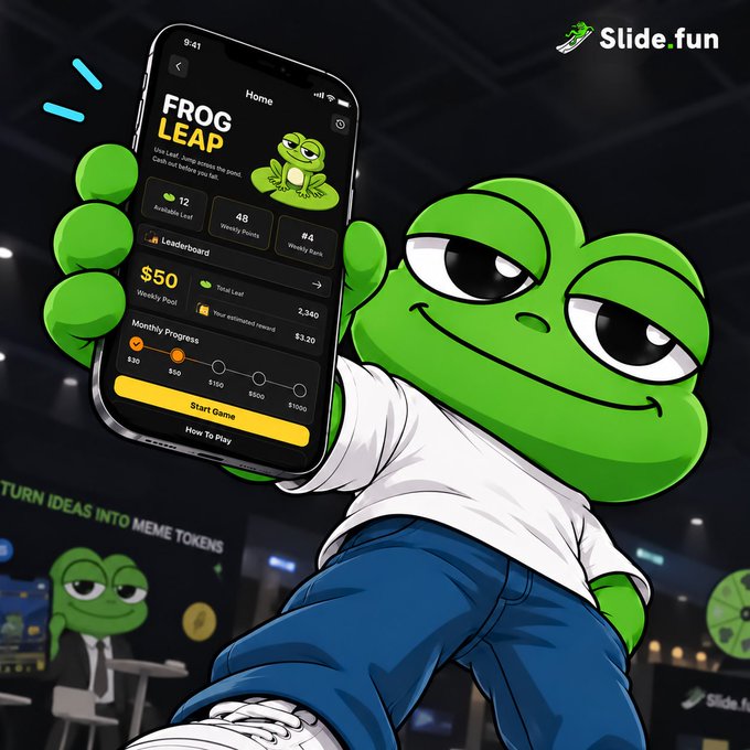 A promotional image for 'Slide.fun' featuring an animated Pepe the Frog character holding a smartphone displaying the 'Frog Leap' game interface, with the tagline 'TURN IDEAS INTO MEME TOKENS'.