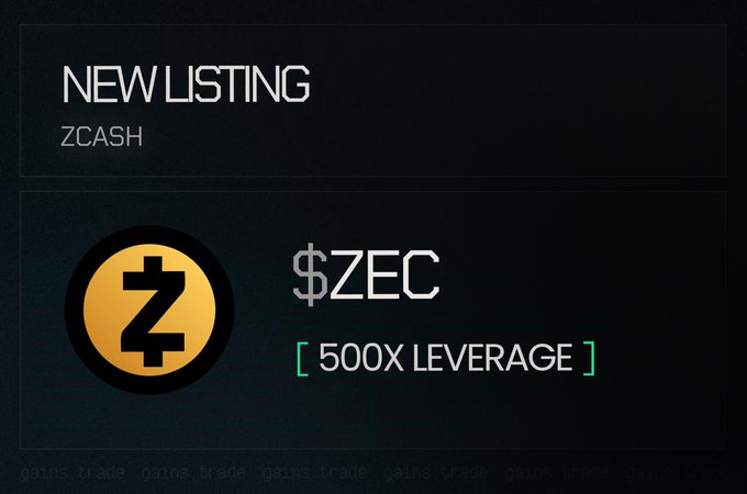 A dark-themed announcement graphic for a new listing of ZCASH ($ZEC) with 500x leverage, featuring the yellow Z logo.