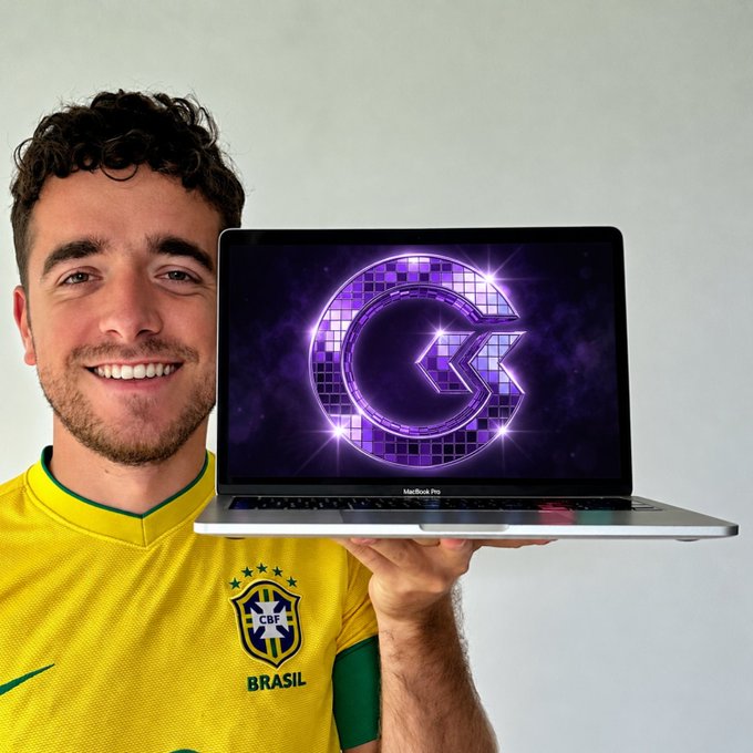 A smiling young man wearing a yellow 'CBF BRASIL' soccer jersey holds up a MacBook Pro displaying a sparkling purple disco-ball style logo with a stylized 'C' or 'Q' symbol.