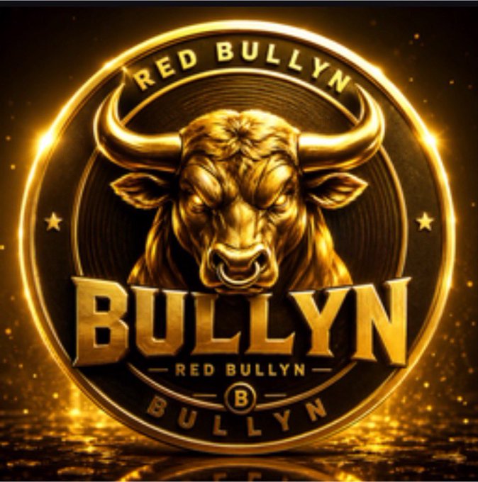 A golden circular emblem features a fierce bull's head with a nose ring, surrounded by the text "RED BULLYN" and "BULLYN" in bold lettering, visually reinforcing the $BULLYN token's mascot theme described in the post. The luxurious gold-on-black design evokes a premium, high-potential meme coin aesthetic that aligns with the post's hype about the ticker catching fire on Solana.
