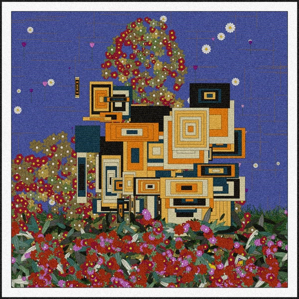 A vibrant, pixelated mosaic-style artwork features a central abstract figure constructed from geometric squares in warm oranges, yellows, and creams, set against a deep blue background scattered with white and pink daisies, with a lush foreground of red and pink flowers. The piece, created using generative art techniques on Bitcoin Ordinals, visually embodies the playful "send flowers" sentiment with its abundant floral motifs while showcasing the pixel-art aesthetic of the 10k benchmark collection.