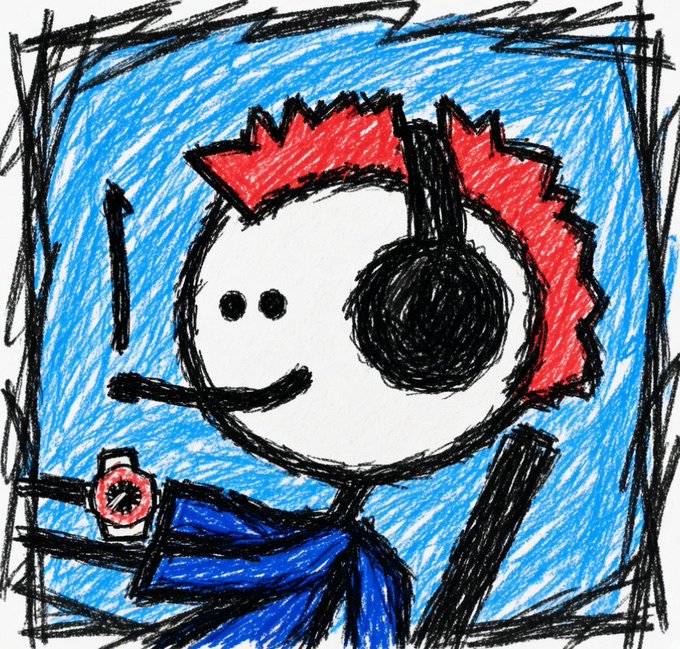 A hand-drawn, crayon-style sketch of a round-headed character with spiky red hair and one large black eye, wearing a blue garment and holding what appears to be a watch and a stick.