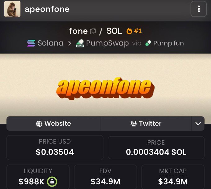 A screenshot of the "apeonfone" token ($fone) on Solana via PumpSwap, showing a current price of $0.03504 USD, market cap of $34.9M, and liquidity of $988K—illustrating the post's claim of the token rising from a $4M to $34.9M market cap.