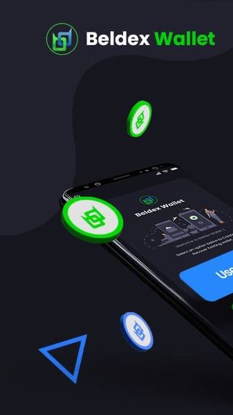 A promotional image for 'Beldex Wallet' showing a smartphone with the app interface surrounded by floating green and blue cryptocurrency coin icons against a dark background.