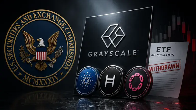 The image features the U.S. Securities and Exchange Commission (SEC) seal alongside Grayscale's logo, an "ETF Application" document stamped "WITHDRAWN," and the ticker symbols for Cardano (ADA), Hedera (HBAR), and Polkadot (DOT) set against a backdrop of a declining stock chart. The visuals directly illustrate Grayscale's withdrawal of its SEC ETF applications for ADA, DOT, and HBAR, reflecting the negative market sentiment implied by the red candlestick chart.