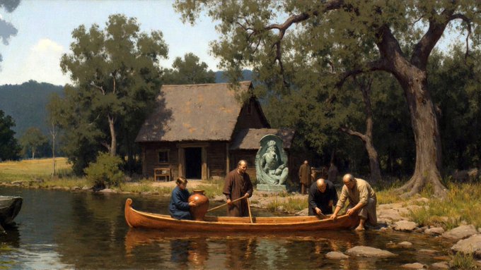 A pastoral scene shows people loading a wooden canoe by a tranquil riverbank, with a rustic log cabin and a stone statue in the background.