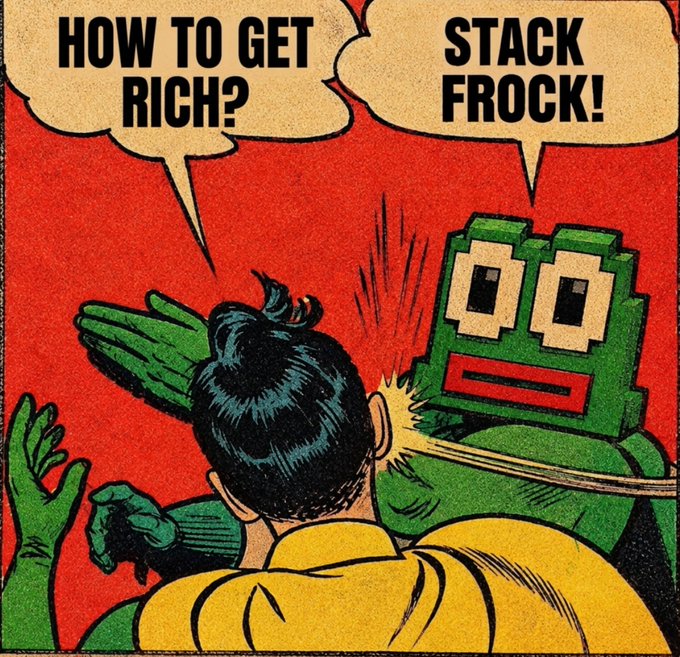 A retro comic panel shows a person asking “HOW TO GET RICH?” and a green robot answering “STACK FROCK!” while being struck.
