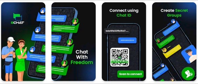 Four promotional graphics for a chat app, including 'ECHAT' logo, 'Chat With Freedom', 'Connect using Chat ID' with a QR code, and 'Create Secret Groups'.