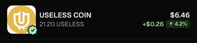 The image shows a cryptocurrency ticker for "USELESS COIN" trading at $6.46, up $0.26 or 4.2%, with a holding of 21.20 USELESS tokens displayed in a gold coin icon. This visually supports the post's claim about airdropped $USELESS tokens being received just for holding the paired $USEFUL coin, though the poster appears to be exaggerating potential gains on a low-cap $400k market coin.