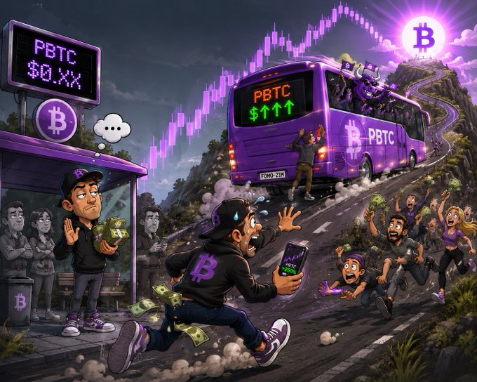 A cartoon illustration showing a 'PBTC' (likely memecoin) cryptocurrency rally with a purple bus, rising purple candle chart, Bitcoin logo on a mountain, and people chasing the bus while one person looks at PBTC price dropping on their phone.
