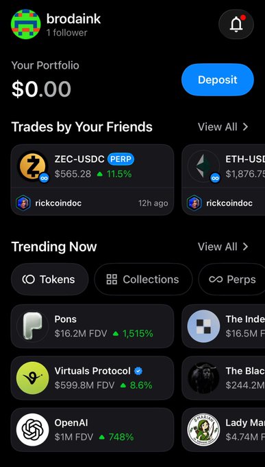 A screenshot of the OpenSea mobile app showing a portfolio with $0.00 balance, with sections for "Trades by Your Friends" (ZEC-USDC PERP at $565.28 and ETH-USDC at $1,876.75) and "Trending Now" tokens like Pons, Virtuals Protocol, and OpenAI under the username "brodaink."

The post jokes about finding nothing notable in the app, which the empty $0.00 portfolio humorously confirms.