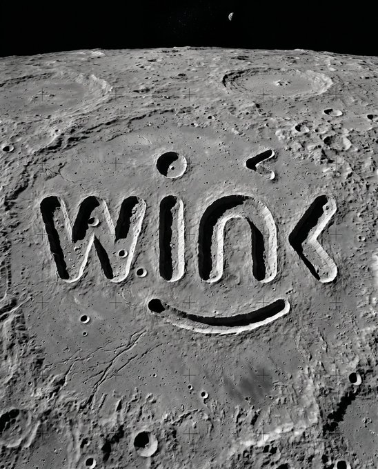 A grayscale image of the moon's cratered surface features the word "WINk" carved into its landscape, humorously serving as a visual metaphor for the WINk platform discussed in the post about blockchain's need for oracles to access real-world data like BTC prices.
