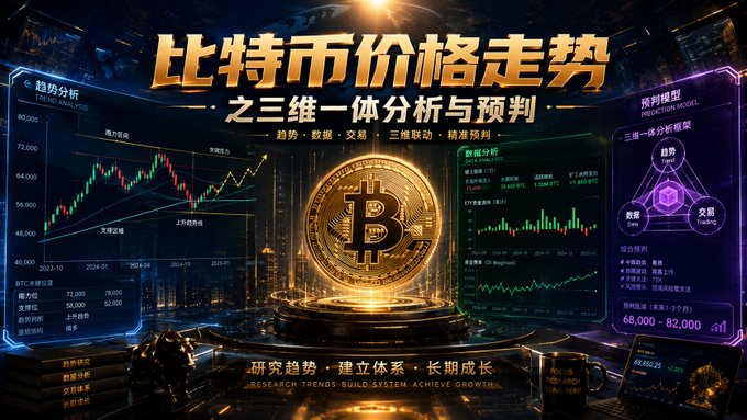 A Chinese-language promotional graphic for Bitcoin price trend analysis, featuring a large Bitcoin coin, charts, and the text '比特币价格走势 之三维一体分析与预判'.