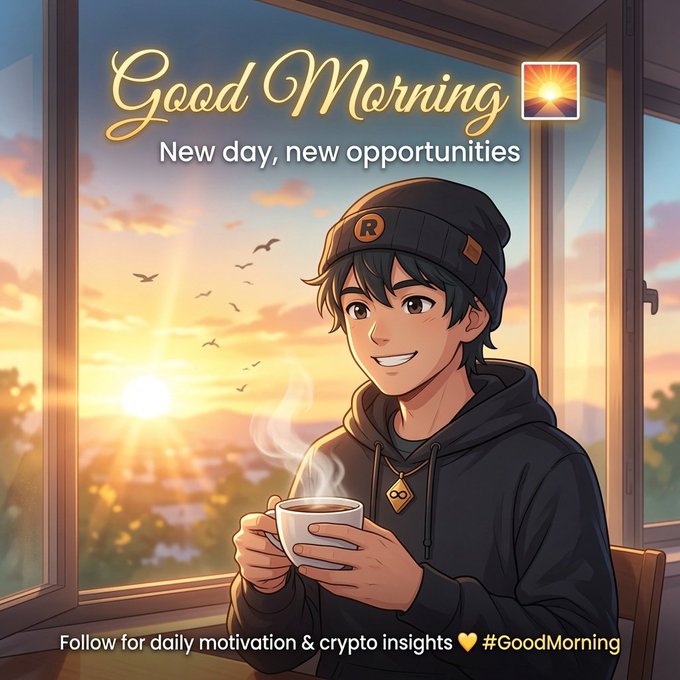 An anime-style illustration of a young man in a black beanie and hoodie holding a steaming cup of coffee with a sunrise landscape behind him, with text reading "Good Morning, New day, new opportunities" and "Follow for daily motivation & crypto insights #GoodMorning".