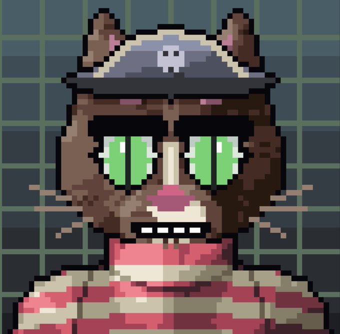 A pixel art illustration of a brown cat character wearing a gray cap with a skull logo, featuring large glowing green eyes, a wide grin showing teeth, and wearing a red and beige striped shirt.