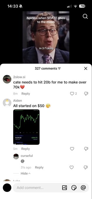 The image shows a TikTok comment section featuring a meme about $CATE reaching the moon, with users boasting about their crypto profits—$CATE hitting "$20b" and one stating they "started on $50" with a stock chart showing a massive gain from $1,000.99 to $5,108.75. This relates to the caption by exemplifying the normie TikTok flex culture of the 2024 bullrun, where everyday users flaunted their memecoin gains as a way to encourage others to buy in.