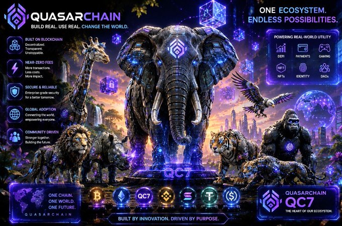 An infographic for QuasarChain highlights blockchain features alongside a central, glowing cybernetic elephant and other animals, including text 'ONE ECOSYSTEM. ENDLESS POSSIBILITIES.' and 'BUILT BY INNOVATION. DRIVEN BY PURPOSE.'