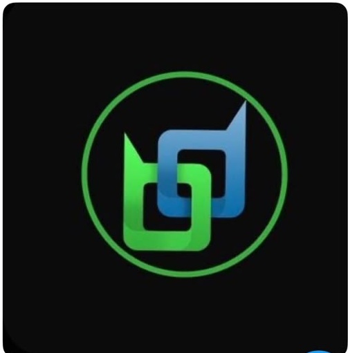 A dark square logo featuring two interlocking arrows in green and blue within a green circle.