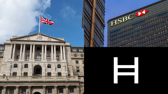 The image shows the Bank of England's classical building flying the Union Jack flag alongside the modern HSBC headquarters and Hedera's "H" logo, visually representing the historic partnership where HSBC becomes the first institution approved for the Bank of England's Digital Securities Sandbox using Hedera-powered blockchain infrastructure.