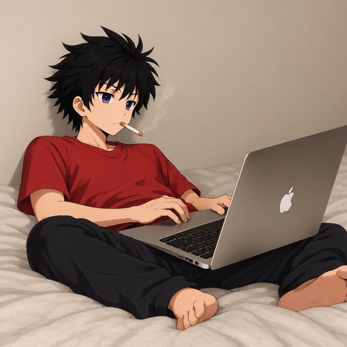 An anime-style illustration of a young man with messy black hair sitting cross-legged on a bed, smoking a cigarette while working on a silver Apple MacBook.