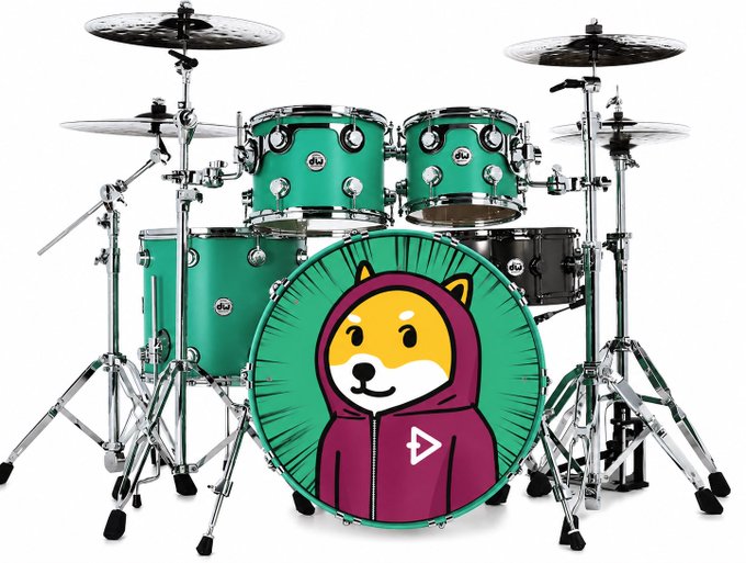 A green drum kit with a Shiba Inu dog wearing a purple hoodie illustrated on the bass drum, featuring the DW logo.
