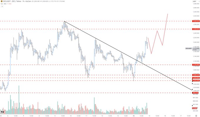 The image shows a 1-hour ZEC/USDT price chart on KuCoin, displaying a recent breakout above a descending trendline with notable horizontal resistance zones near $1,239 and $1,269, alongside projected bullish price targets extending toward $1,300+. The "73 likes btw" caption appears to be a casual, self-congratulatory nod to community engagement rather than a technical commentary—suggesting the chart poster is sharing their ZEC analysis to drum up social media approval.