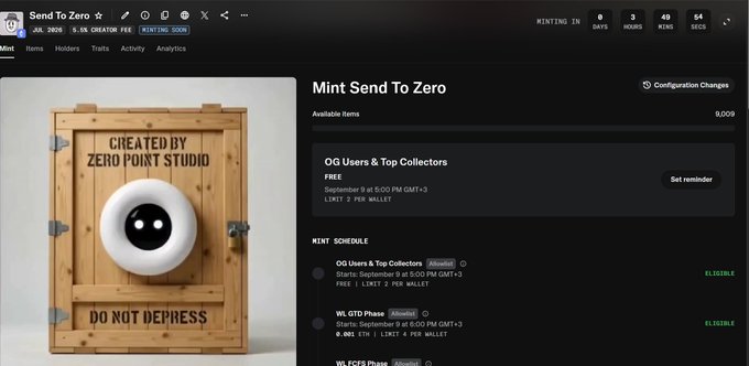 Screenshot of a Magic Eden NFT minting page for 'Send To Zero' collection by Zero Point Studio, showing a wooden box with an eyeball and a mint schedule starting September 9 at 6:00 PM GMT+3.