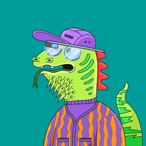 A cartoon illustration of a green reptilian character with a purple cap, glasses, and a purple and orange striped jacket against a teal background.